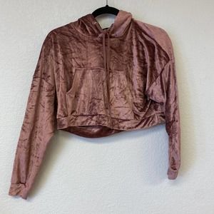 Hours Velvet Crop Pullover Sweatshirt Hoodie Brown XS
